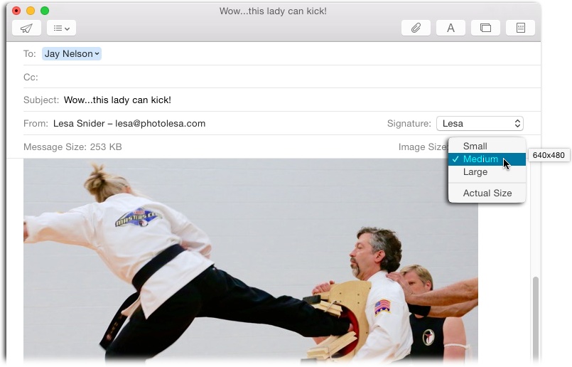 Use the Image Size menu shown here to tell your email program what size images to send. If you’re using an email program other than Mail, you’ll need to root around within that program to find its image-size options.