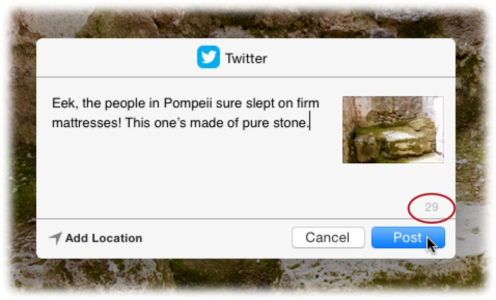 The gray number circled here lets you know how many characters you have left in your Twitter message. The image link consumes 21 characters, so you really only have 119 for your prose.