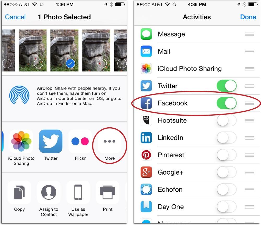 Left: After selecting some thumbnails (page 59) and clicking the share icon, scroll horizontally through the row of share destinations shown here, and then tap More.Right: On the screen that appears (shown here), tap the switch next to Facebook to turn it on (it turns green). If you tap Done at the screen’s upper right, a Facebook icon appears in the row of sharing destinations. Give it a tap and use the resulting form to set the post’s privacy and location, enter a description, and so on.