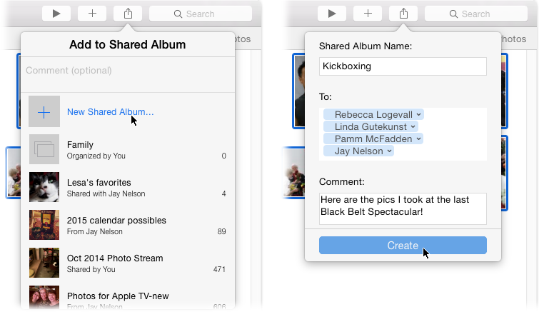 Left: Choosing iCloud Photo Sharing from this menu summons the sheet shown here. If you’re adding pictures to a previously shared album, enter a comment in the field at the top of this sheet, and then click a shared album in the list.Right: When you create new shared album, this sheet lets you name the album, invite people to it, and so on.