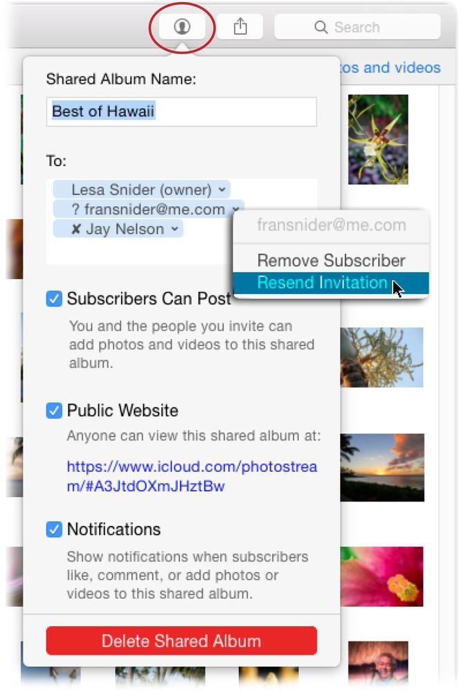 Click the subscriber icon (circled) to reveal a sheet that lets you perform all manner of subscriber-related chores. An X next to a name means that person unsubscribed from the album (the nerve!), though a question mark to the left of a name means that person hasn’t responded. In that case, you can resend an invitation (as shown here), remove subscribers, grant them permission to post material, turn the album into a public website, disable subscriber notifications, and delete a shared album.