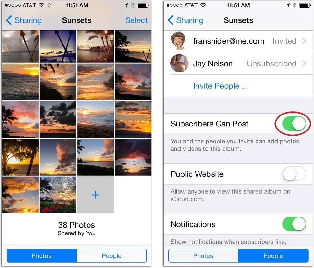 Left: When you open a shared album in Photos for iOS, use the buttons at the bottom to switch between viewing thumbnails (Photos) and the people you invited to the album (People).Right: This screen lets you grant subscribers permission to post their own stuff using the switch circled here. You can also see who you invited to the album and their invitation status, invite more people, generate a public website (page 220), manage the album’s notifications (page 219), and delete the album (scroll down further to see the Delete button).