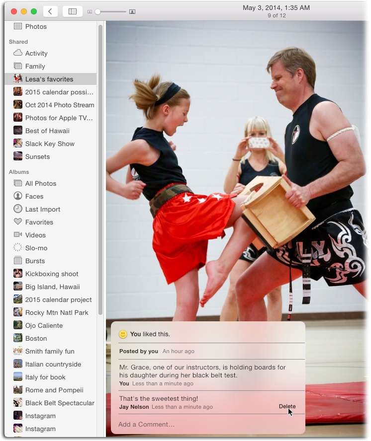 Click the smiley-face icon to like a picture or video, or click in the comment field and type whatever you like. Click Send, and Photos adds your comment to the list shown here. To delete a comment, point your cursor at it, and then click the Delete button that appears.