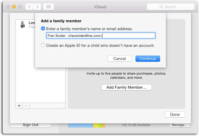 You can invite up to five family members to join your group using the iCloud preference pane shown here. This same pane also lets you create an Apple ID if you don’t have one already.