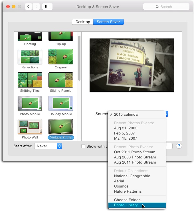 Choose one of the photo-based screensaver themes from the list on the left to reveal the Source menu shown here. It may take a moment for items to appear in this menu, so be patient. When the menu appears, it lists the beautiful built-in photo collections from Apple, as well as whatever screensaver source you previously picked (such as an album in Photo’s predecessor, iPhoto).If you don’t see a Source menu beneath the screensaver preview, you’ve picked one of the seven non-photo-based themes (Flurry, Arabesque, Shell, Message, iTunes Artwork, Word of the Day, or Random). In that case, click one of the photo-based themes instead and it’ll show up after a second or two.