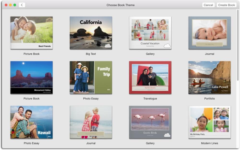 Here are some of Photos’ book themes. Each one displays your pictures slightly differently and uses a particular color scheme. When this screen appears, Photos goes online to see if Apple has added new themes. If it finds any, it adds them here and puts a cloud icon on the thumbnail’s lower right to indicate that it will download the theme if you pick it.