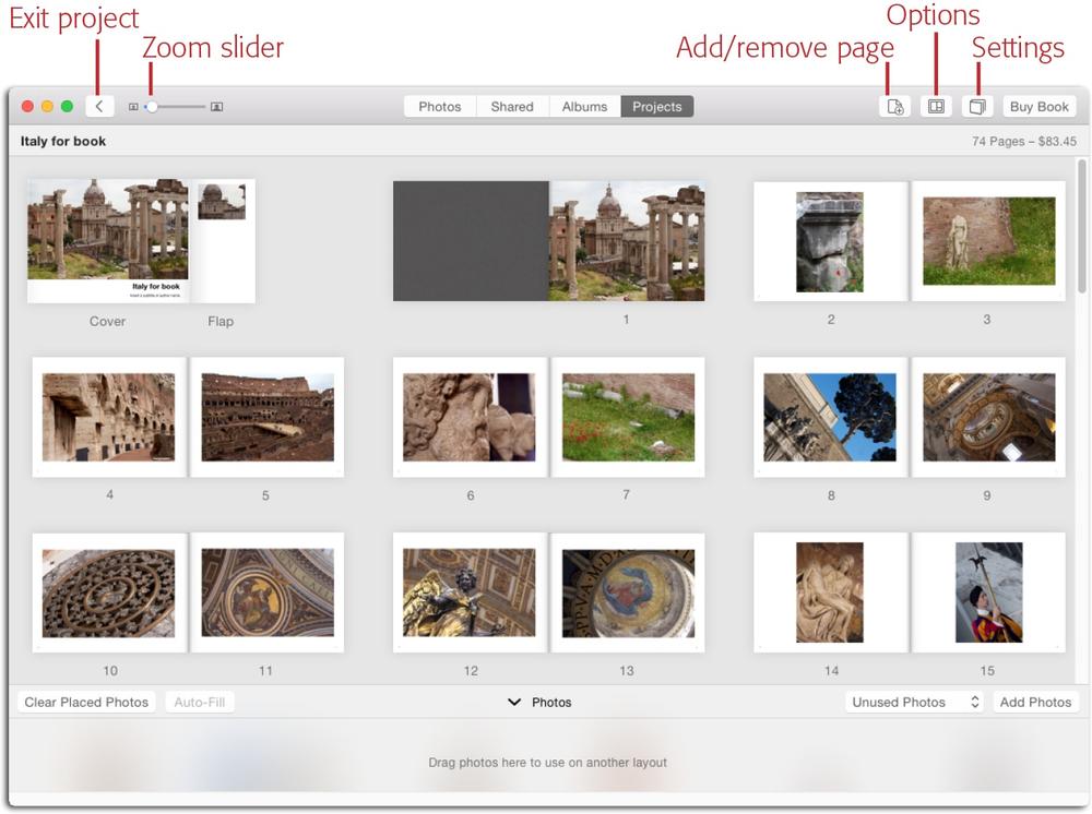 This view shows all the pages in your book as thumbnails and displays the book’s cost at the upper right. The buttons labeled here let you exit the project, add or remove pages, and access page layout and projects settings. Drag the Zoom slider rightward to increase the size of the page thumbnails.