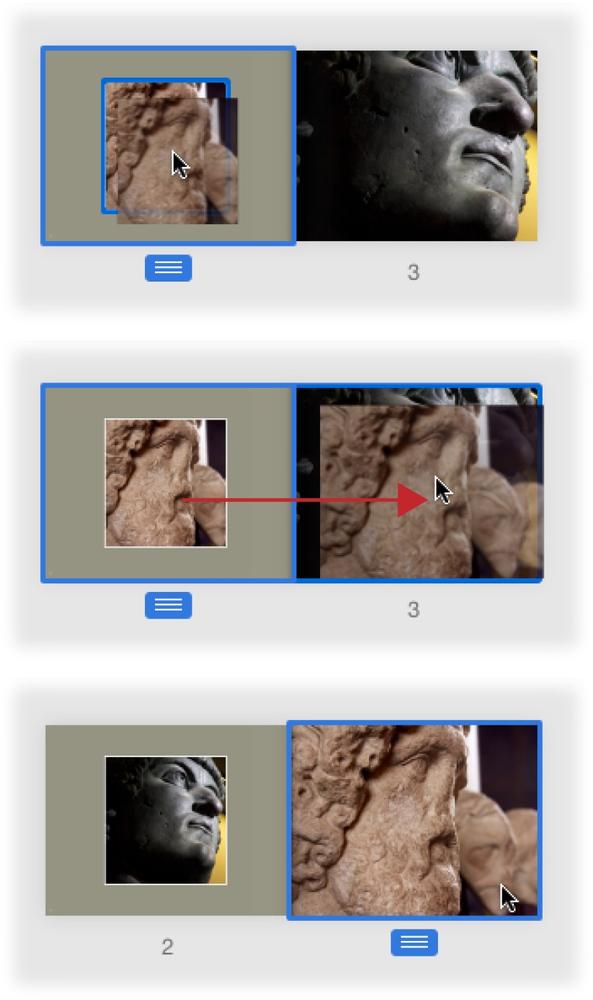 Top: To swap pictures between pages, click and hold down your mouse button until the picture you clicked pops out of its frame.Middle: Drag the selected picture onto a picture on another page.Bottom: Release your mouse button and Photos swaps the two images.When you start swapping pictures between pages, you may need to adjust the picture’s zoom level and positioning inside the frame. Skip to page 251 to learn how.