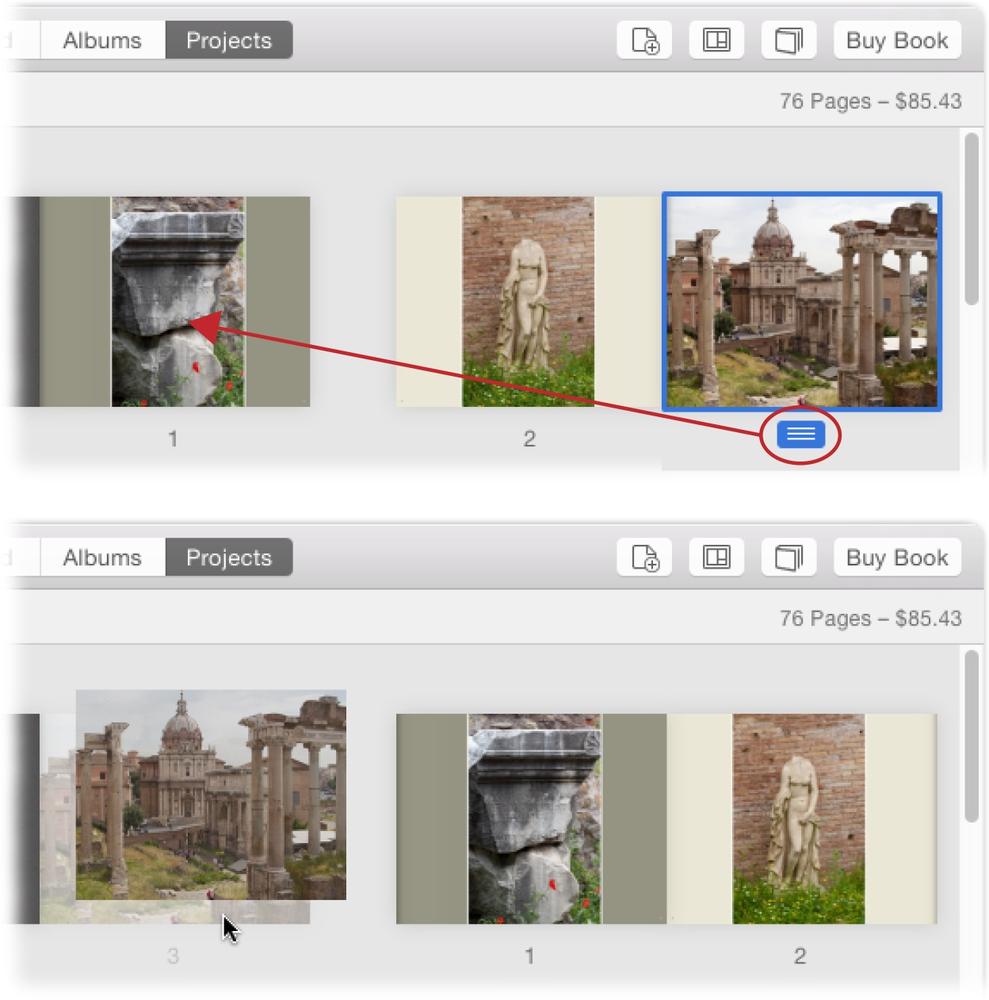 Top: To move pages around in your book project, drag the Page button (circled) onto another page (not between pages, but atop another one).Bottom: The page you’re moving appears beneath your cursor and subsequent pages scoot rightward to make room for the one you’re relocating. Release your mouse button to make it so.