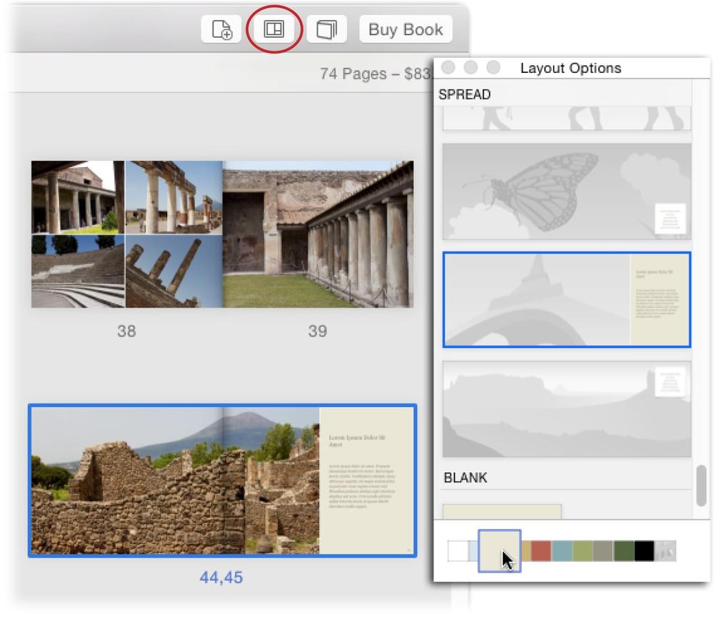 To open the Layout Options panel, click the button circled here. As you scroll in the panel, you see thumbnails of different layouts organized by the number of pictures per page. Scroll far enough down and you’ll find layouts that include maps and two-page spreads. If the layout you pick has blank space around the picture or an empty spot for captions, you can pick a background color by clicking one of the color chips shown here.