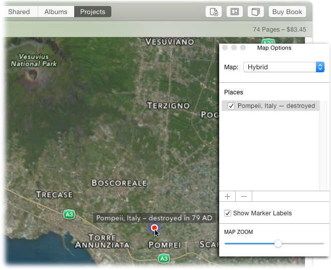 Behold, the volcano Vesuvius! It looks scary even on this map. The Map Options panel lets you adjust the zoom level and find a specific location. You can add place markers (one was added here) and edit their labels to be as descriptive as you want. You can press Return on your keyboard to add a new line of text to a marker’s label, but the text covers up the marker’s pretty red dot.