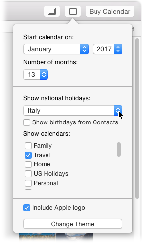 The Settings panel is available in both All Pages and Single Page view, and lets you change key settings for your calendar project. Be sure to settle on a theme before you start customizing each page, or else all your hard design work will go right out the window.