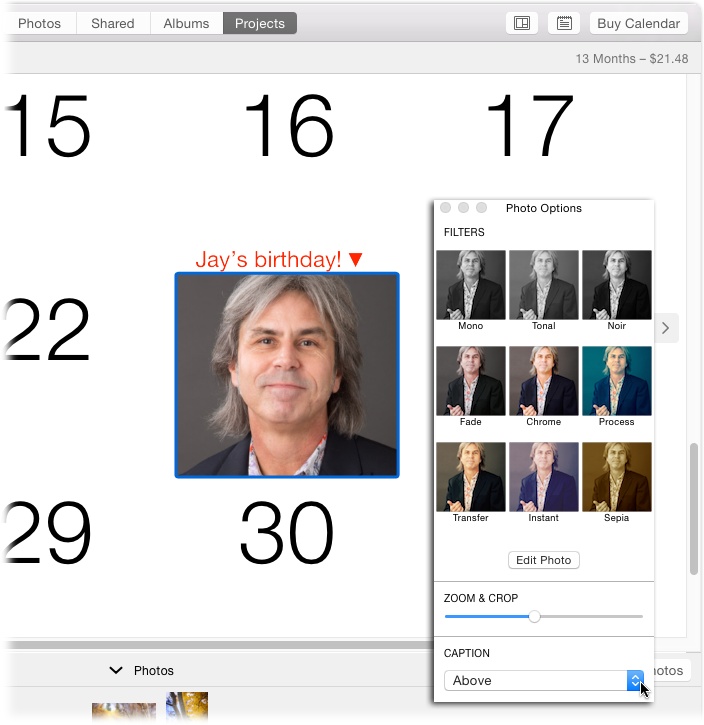 Once you add a picture to a date square, double-click it to open the Photo Options panel shown here. In addition to the settings described on page 251, it includes a Caption menu. Use it to pick a location for the caption, and then edit and format the placeholder text that appears. Because the picture fills the square, the caption has to live above or below it, or to its left or right. Happily, there’s an arrow that points to the picture.