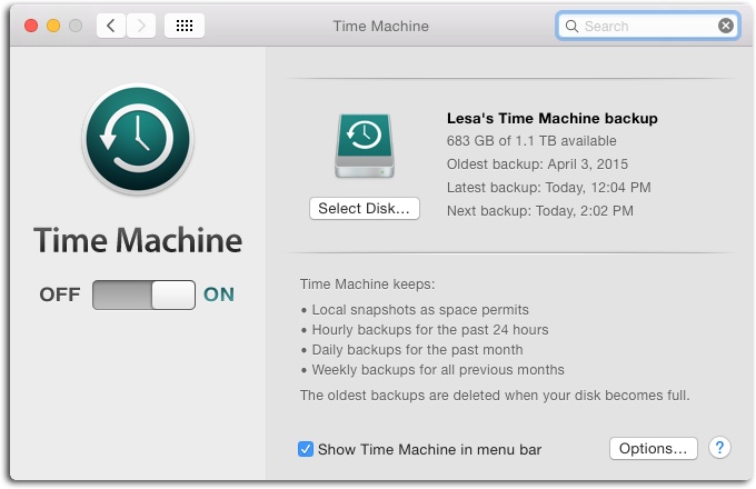 The Time Machine pane in System Preferences tells you all about the state of your Time Machine backup system. You can turn it on and off, discover its latest backup activities, see how much storage space is available on your backup disk, pick a different backup disk, and so on.