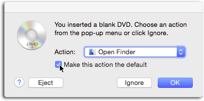 If you always want to use the Finder to burn your discs, turn on “Make this action the default,” as shown here.