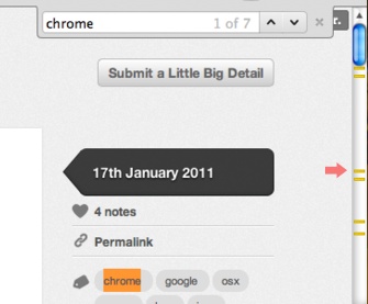 When trying to find a word on a page, Chrome indicates in the scrollbar where instances of that word appear. (Courtesy Saul Cozens and Little Big Details.)