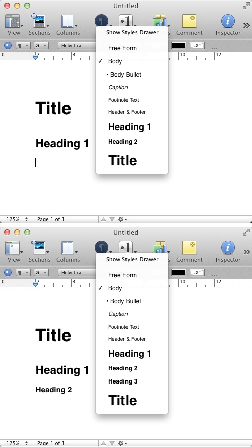 Apple’s Pages will automatically add smaller heading styles, but only after you’ve used the smallest displayed style. Heading 3 will only appear as an option once you’ve used Heading 2. (Courtesy Little Big Details.)