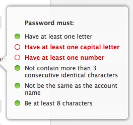 When changing your Apple ID password, must-have items are checked off as the user enters them. It reveals the constraints of the microinteraction in a very literal way. (Courtesy Stephen Lewis and Little Big Details.)