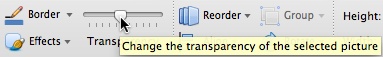 Microsoft’s Powerpoint transparency slider in the Ribbon. There is no label to indicate if you’re making it more or less transparent, and the change doesn’t occur until after you release the slider. (Courtesy Jack Moffett.)
