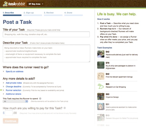 An early version of the TaskRabbit task-posting form. (Courtesy Sarah Harrison.)