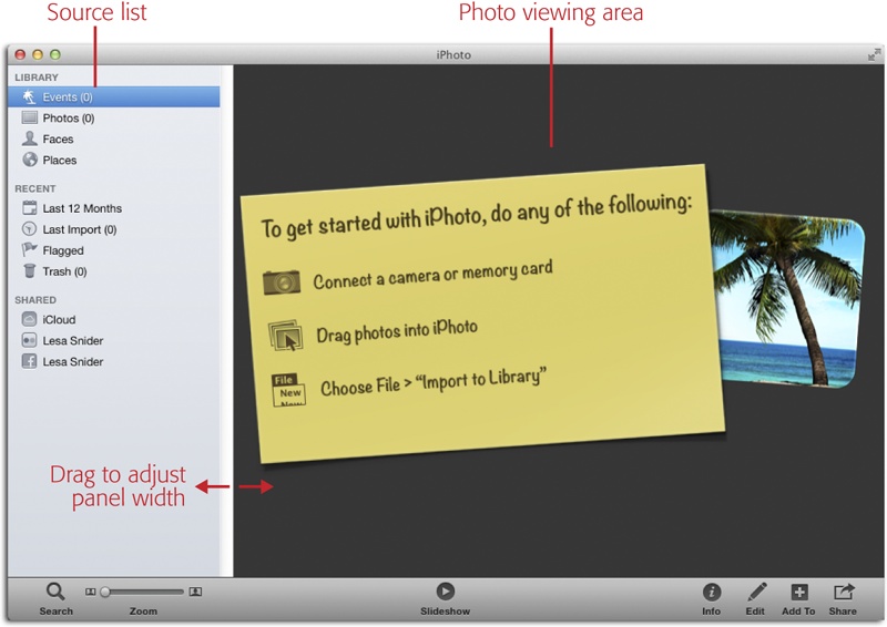 Here’s what iPhoto looks like when you first open it. The large photo-viewing area is where thumbnails of your imported photos will appear. The sleek, charcoal-gray icons at the bottom of the window represent all the cool stuff you can do with your photos. (If you’ve never used iPhoto before, you see this big yellow sticky note prompting you to connect a camera or a memory card to get started.)