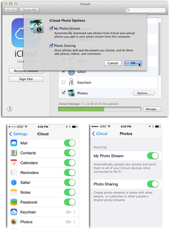 Top: Once you sign up for iCloud, you can choose what info to store remotely—your email, contacts, calendars and so on. Turn on the Photos setting and then click the Options button next to it to reveal the pane you see here. Turn on My Photo Stream to start syncing your photos between your Mac and iOS devices. Photo Sharing (page 198) lets you share photos with other people, who in turn can contribute photos, videos, and comments that you can see in iPhoto on your Mac.Bottom: On your iOS device (which must be running iOS 5 or later), open the Settings app and scroll down to the iCloud icon. Tap it and then scroll to Photos. Tap Photos and, on the resulting screen, turn on My Photo Stream.