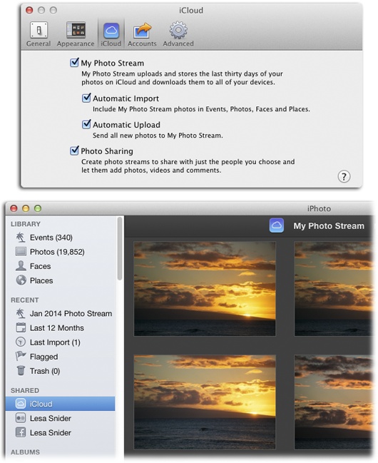 Top: To see your stream in iPhoto, turn on My Photo Stream here. When you do, the Automatic Import and Automatic Upload options get turned on, too (see page 198 for more on Photo Sharing).Automatic Import downloads your Photo Stream pictures to your Mac and creates a new Event named with the month and year when the photos were taken: May 2014 Photo Stream, June 2014 Photo Stream, and so on. Automatic Upload syncs the photos you import into iPhoto on your Mac with your Photo Stream, so you can view them on your iOS devices.Bottom: Once you turn on your stream, an iCloud entry appears in the Shared category of iPhoto’s Source list. Click it to see your most recent 1,000 pictures.