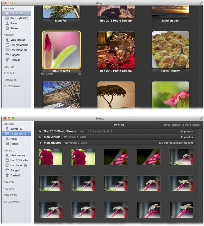Top: You can think of Events as a bird’s-eye view of your photo collection, with each Event a stack of photos that were taken around the same time. Events are iPhoto’s primary organizing structure, though you can combine or split them as you see fit (described later in this chapter). Bottom: Clicking Photos lets you view your entire collection; every single photo has its own thumbnail in a huge scrolling list. They’re still grouped by Event, though, as indicated by the collapsible headings. These headings “float” to the top of the window as you scroll through your photos, so you always know which Event the photos belong to.