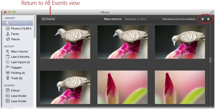 When you double-click an Event to see inside it, iPhoto displays the Event’s name, date, and total number of photos at the top of the window. It also tallies how many photos you’ve temporarily hidden from view (page 47).To see the previous or next Event without returning to All Events view, click the arrows circled here.