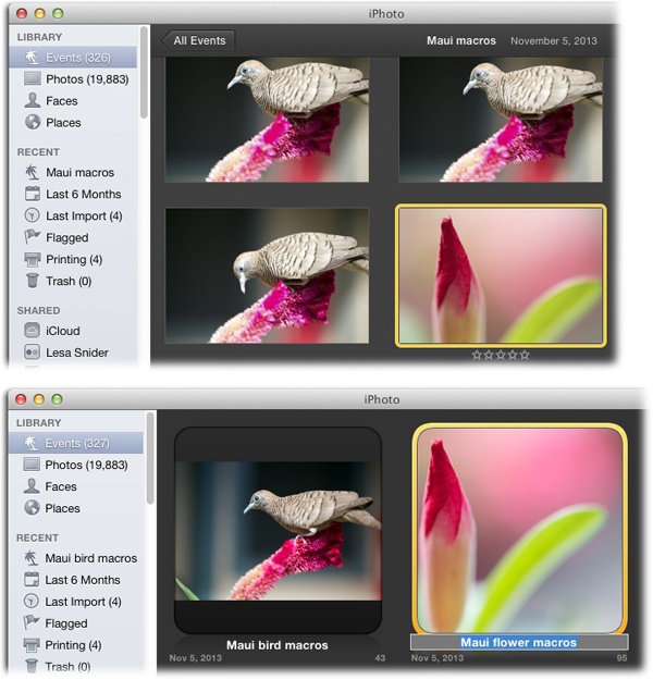 Top: To split this Event in two so bird shots are in one and flower shots in another, open the Event, scan through the thumbnails, and then click the photo that marks the beginning of what you’d like to become the new, separate Event. Next, choose Events→Split Event, or press the S key on your keyboard. iPhoto moves the selected photo and all the ones after it into the new Event. Bottom: Return to All Events view to see the new Event (it’s next to the original and named by date); in Photos view, you see all your Events in a list. To rename the Event, click its name and type something else. To rename the next Event, press Tab to highlight its name so you can type away (pressing Shift-Tab highlights the previous Event’s name).