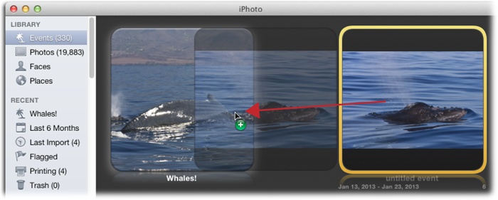 You can combine Events by dragging one Event’s thumbnail onto another, as shown here. The Event you moved disappears into the other one. If you change your mind about the merger, undo it by pressing ⌘-Z. (If only that keyboard shortcut worked in real life!)