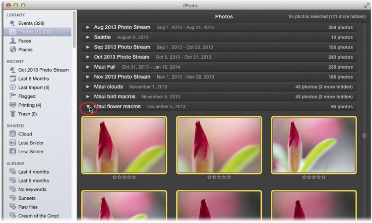 This tidy arrangement is a fast way to use iPhoto, as it displays all photos grouped by Event. Click the flippy triangle next to an Event’s header (circled) to expand or collapse that Event.Click anywhere on an Event’s header to select all photos inside it. This is handy when you want to do things like apply a keyword to the whole Event (“flowers,” say).