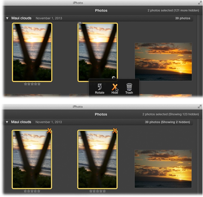 Top: When you point your cursor to a photo’s thumbnail, you see a black, down-pointing triangle appear inside a white circle at its bottom right. Click it to reveal the shortcut menu shown here, which includes a Hide option.Bottom: When you choose View→Hidden Photos, the hidden pictures reappear. iPhoto lets you know that you’re viewing hidden photos by displaying an X on each one, and by saying so in the Events header bar and at the top of the iPhoto window; notice how iPhoto added the word “showing” to its count at upper right.