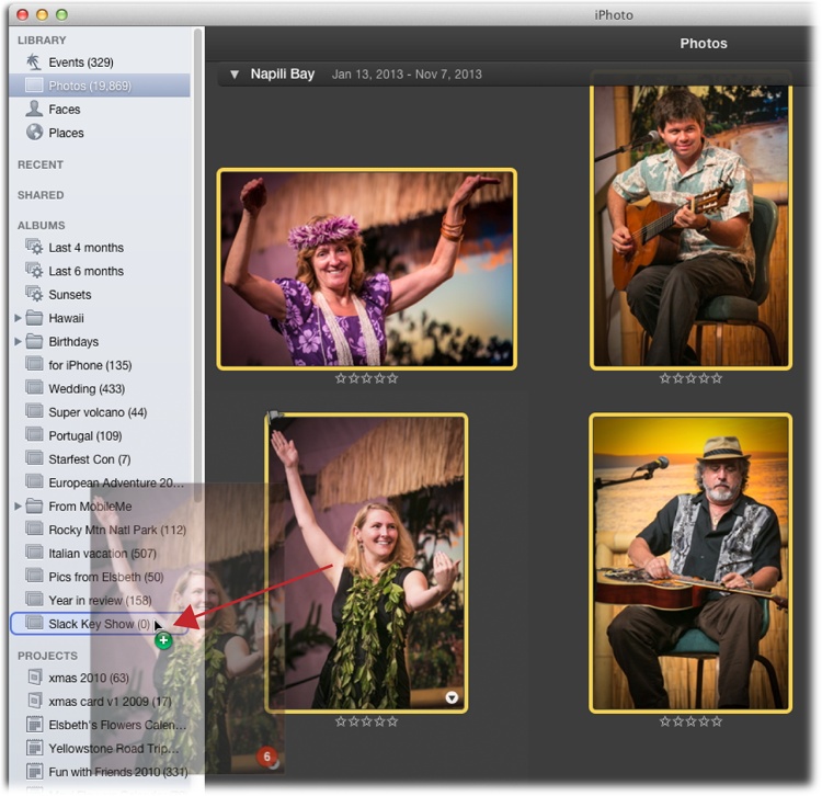 When you drag multiple photos into an album, a little red numeric badge appears at the bottom of the ghosted thumbnail as you drag, telling you exactly how many items you’ve got selected. In this example, six pictures are being dragged into an album.New albums always appear at the bottom of the Source list’s Albums section, but you can drag them up or down within that section. You can also make iPhoto put them in alphabetical order by Control-clicking any album and choosing Sort Albums from the shortcut menu.