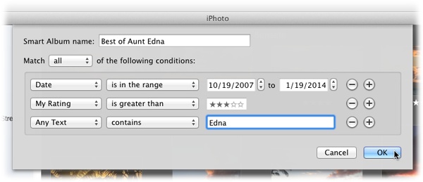 This panel is really just a powerful search command that lets you specify your search criteria. For example, with the settings shown here, iPhoto will hunt for highly rated photos taken during a certain time period that also include certain text.