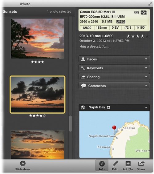 When you open the Info panel with a photo selected, you see all manner of details, including the camera info, the photo’s name and date, and its description (if you’ve added one). If you select a photo with Faces, keywords, or Places tags, you see those here, too.If the photo has been published to Facebook, Flickr, iCloud, or emailed using iPhoto, the panel includes a Sharing section (as shown here). Click any section’s name—Faces, Keywords, Sharing, Comments, or Places—to expand or collapse it, though only one section can be expanded at a time.Alas, you’ll find no Info panel when viewing projects or slideshows.