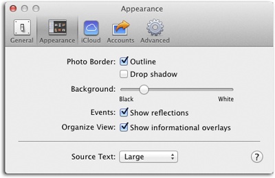 You can revert to the look of iPhotos of yore by changing the background color to light gray (it remains dark gray in All Events view), but would you really want to?If you’re tempted, consider that Apple gave iPhoto a dark-gray background for a reason—it’s easier on your eyes and gives you a more accurate sense of color (by eliminating other distracting colors).