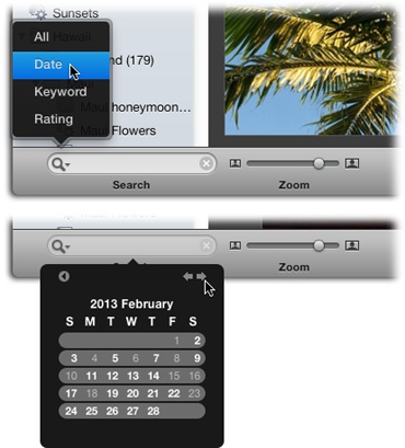 Top: If you click the search icon in iPhoto’s toolbar, you’ll see the search field shown here. To summon this pop-up menu, click the tiny magnifying glass icon; choose Date to display the calendar.Bottom: Click a day, week, month, or year in the calendar to round up only the photos taken in those time intervals. Text or numbers shown in bold mean you took photos in that month, in that year, and on those days.