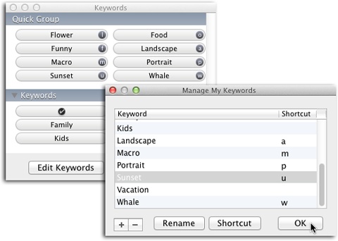 Left: The first time you open the Keywords window, you won’t see anything in the Quick Group section at the top, but as soon as you add keywords of your own (described next), they appear there.Right: Click Edit Keywords to summon this window, where you can add keywords of your own. Click + to create a new one, give it a name, and then press Return. iPhoto automatically chooses a one-letter keyboard shortcut for new keywords (usually the first letter of the word), allowing you to apply it to photos quickly, without fussing with this window.You can change a keyword or its keyboard shortcut by double-clicking the entry in its respective column.