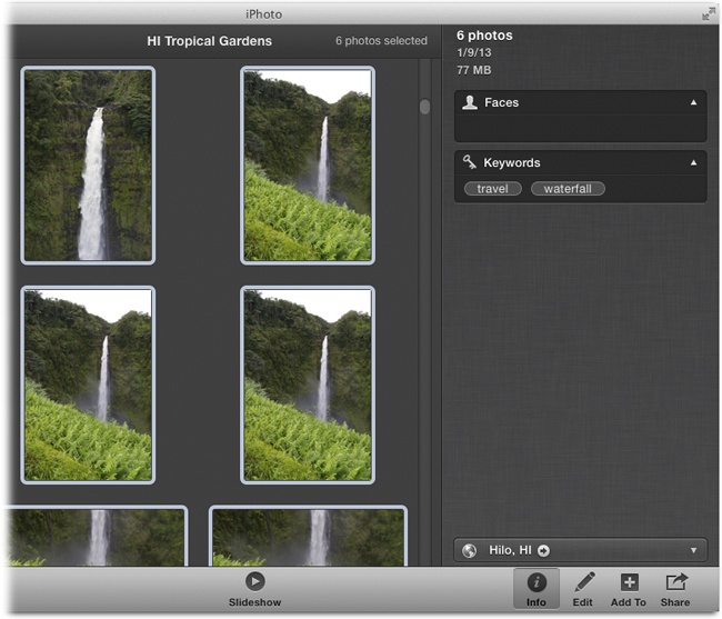 To add a keyword in the Info panel, first select the photo(s). Next, click the word Keywords to expand that section (if it’s not already expanded), and then click inside the field beneath it that reads “Add a keyword.”Begin typing the keyword you want to assign or press its keyboard shortcut; iPhoto completes the word for you. Press Return to accept the suggestion.