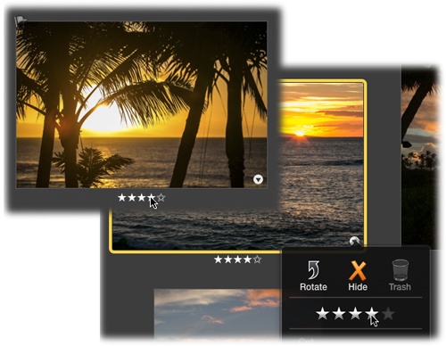 Top: By choosing View→Ratings, you can see the star ratings you’ve assigned to each photo. And, if you point to a thumbnail without clicking, iPhoto displays a row of hollow stars you can use to rate that photo. Click the star that represents the rating you’d like to bequeath. For example, to apply a three-star rating, click the third star (you don’t have to click each individual star). To remove the rating, click just left of the first star.Bottom: The stars in this shortcut menu work the same way—just click the one that represents the rating you want to apply, or click to the left of the stars to remove the rating.