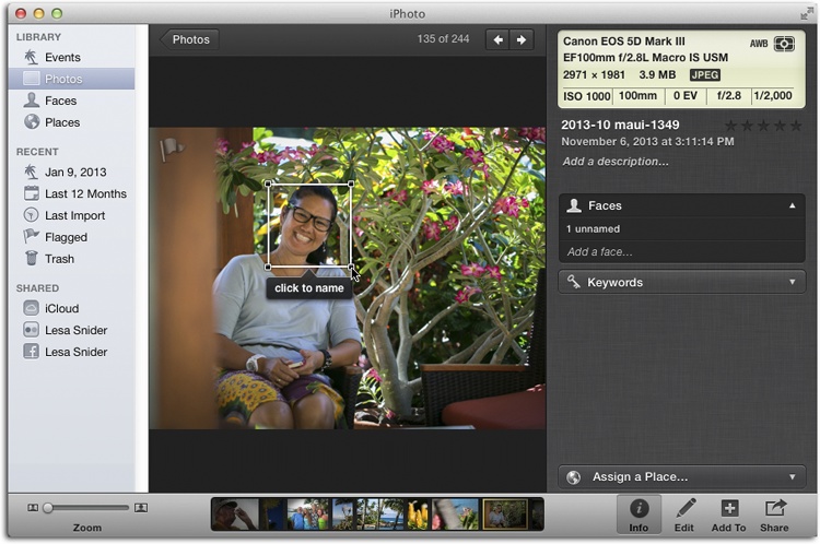 If iPhoto can’t find a face for whatever reason, click “Add a face” in the Info panel’s Faces section. When you do that, a little white square appears that you can resize and position around your subject’s face. When you get it just right, click the text field below the square and enter the person’s name.If there’s more than one face in the photo, keep clicking “Add a face” to add more white squares.