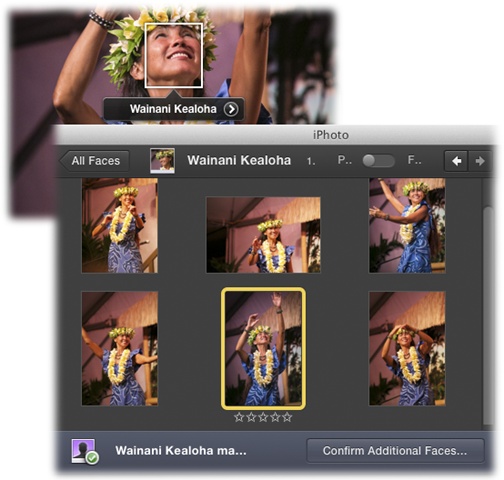 The after the name is your shortcut to this person’s Faces album. Click it to jump there.Once you land, you can always confirm the name on a few more photos iPhoto thinks this person might be in (page 95).