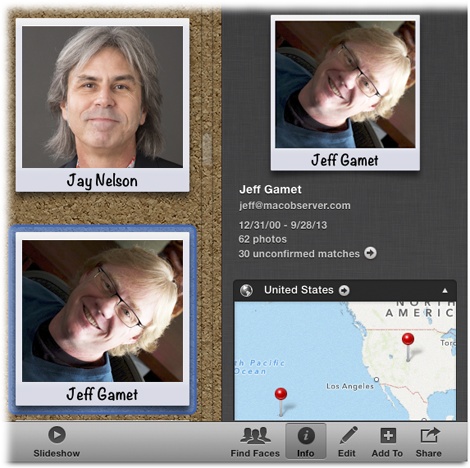 By selecting a face and then opening the Info panel, you can edit your buddy’s name and email address.If you take the time to enter that info here, any future photos you confirm in iPhoto and upload to Facebook will be tagged automatically tagged if that person uses the same email address for his Facebook account. This gives you more time to do other stuff on Facebook, like SuperPoking your buddies.
