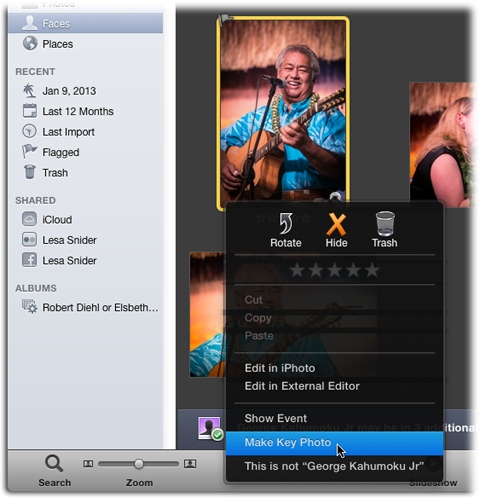 The key photo is the one you see on your Faces corkboard; it’s the picture on the top of that person’s stack of pictures. One easy way to change it is to open the person’s stack and then Control-click the photo you want to use and choose Make Key Photo from the shortcut menu, as shown here.An even faster way is to wave your mouse over the person’s stack, and then tap the space bar when you see the one you want to use instead. You can do this in the Info panel, too; just click when you see the photo you want to use.