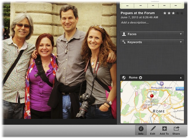 If your photos are geotagged, the Info panel’s Places section displays a map of where they were taken. A red pin marks the spot where you took the photo.If all the photos in an Event have been geotagged and no photos are selected, you get a map with multiple pins showing the various locations you photographed.