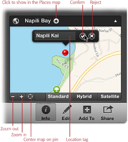If you don’t see your locale on the list, pick a place that’s close and then fine-tune it by moving the pin on the map. Drag the pin to the correct spot and then click to rename it. If you’re lucky, iPhoto updates the location tag itself, though in most cases you have to enter the info manually.You can zoom in and out of the map as needed with the buttons labeled here. You can also drag the map itself to see another area.You can only move marker pins using the tiny map in the Info panel; you can’t move them when you’re looking at the big map in Places view (described on page 103).If you’ve accidentally relocated a photo that was taken in Paris, France, to Paris, Texas, you can revert to the photo’s original location by choosing Photos→“Rescan for Location.”