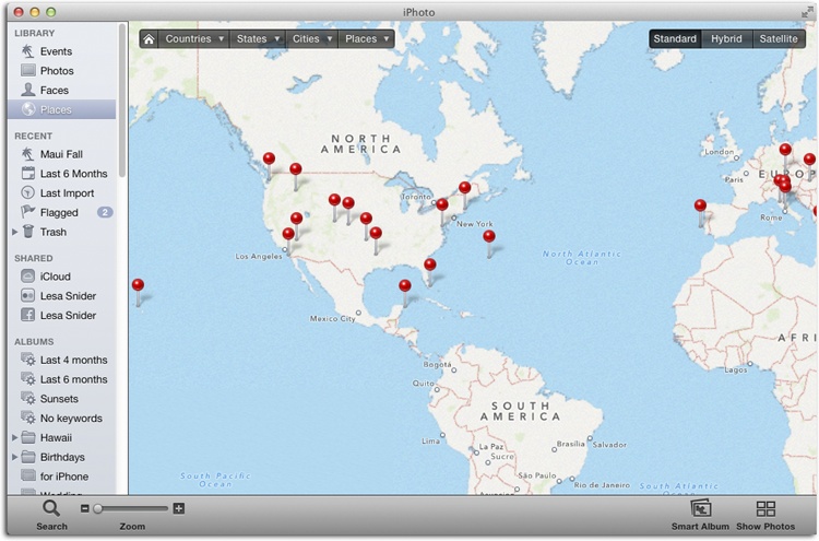 Click the Home icon (the little house) to see all your tagged locations in Places view. Red pins mark each spot on the map where you (or your camera) have added Places tags to your pictures. To see the name of any location, click a pin. You can then click the next to the name to see the photos taken there.