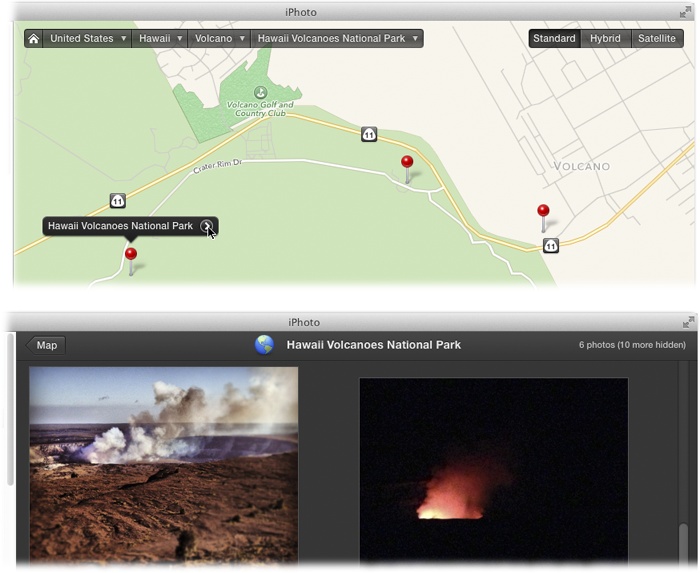 Top: These lists let you see Places tags by country, state/province, town, and even down to a landmark. To see all the places you’ve pinned in Hawaii, for example, click United States in the Countries list and then pick Hawaii from the States list. To drill down to a particular city, click its name in the Cities list (here, it’s set to Volcano). Keep making choices from the individual lists to narrow your view.Bottom: To see the photos pinned to a certain spot, click the pin and then click the to its right (or click Show Photos in the toolbar). Here, you see photos from Halema’uma’u Crater in Hawaii Volcanoes National Park.
