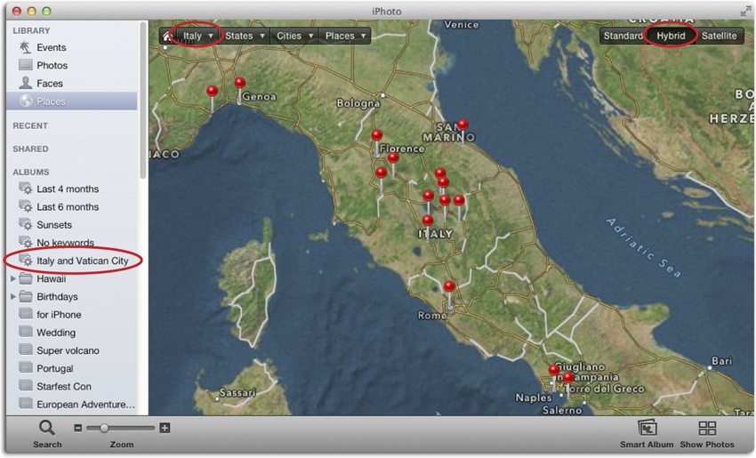 To make a smart album based on a country, you can use the region lists in the map’s top left. Simply choose a country (or state, or city) and then click Smart Album in iPhoto’s toolbar. Once you do that, the Source list displays a new smart album named after the country you picked (circled).Here, the Places map is shown in Hybrid view (circled at top right).
